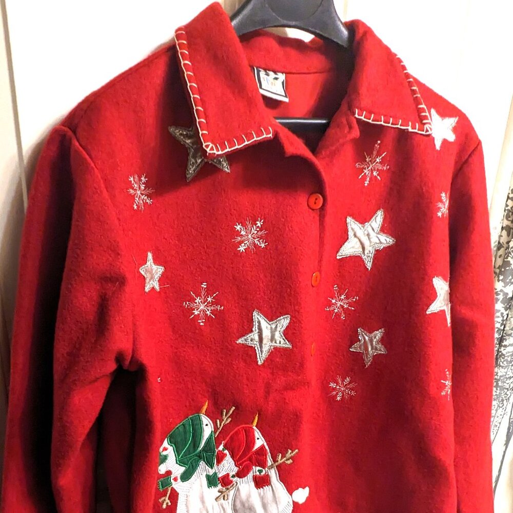 Heavy vintage Red Felt snowman Christmas jacket Large chest 40 " Plus